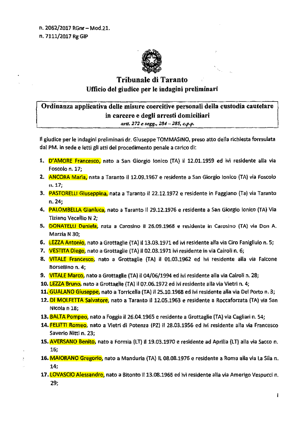 Tribunale Di Taranto Ufficio Del Giudice Per Le Indagini Preliminari