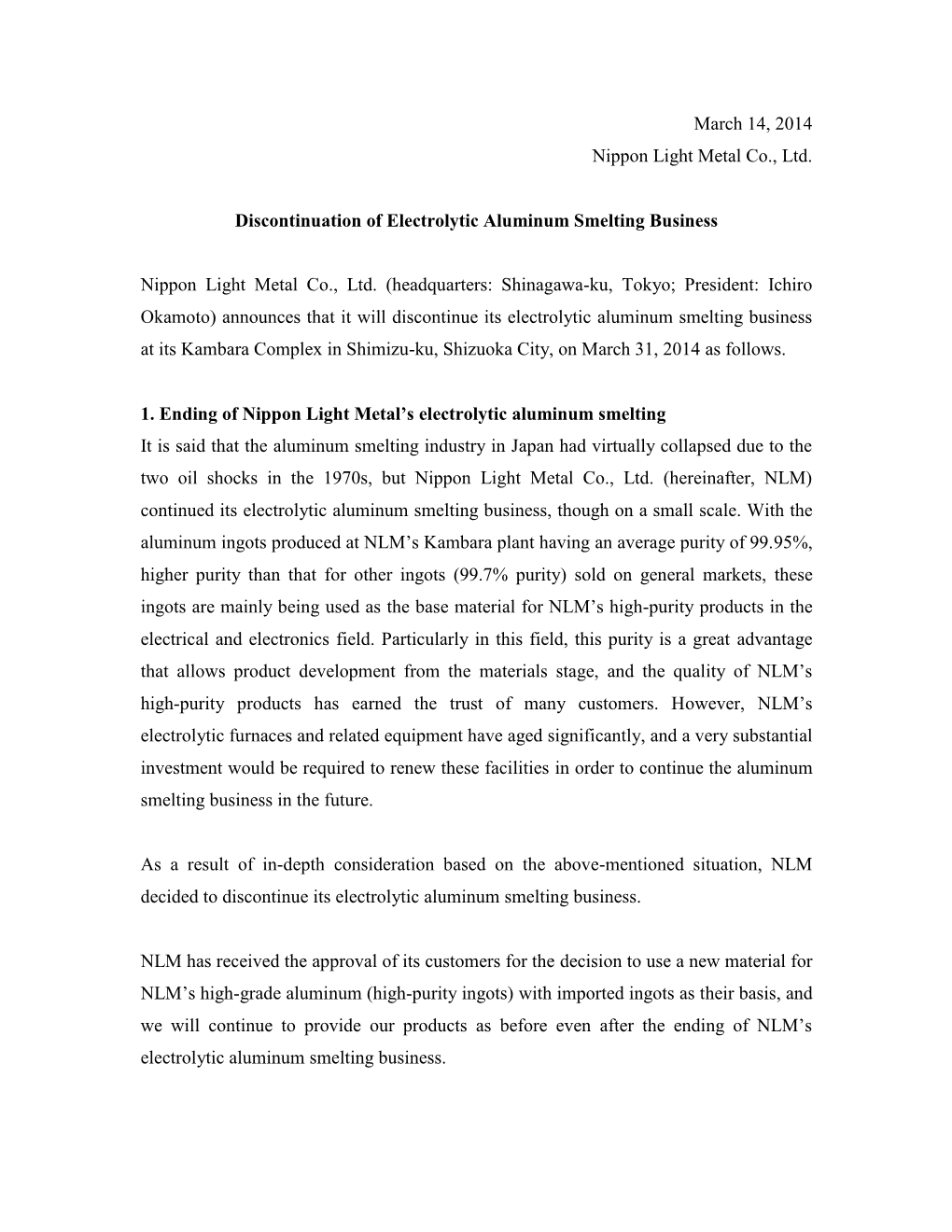 Discontinuation of Electrolytic Aluminum Smelting Business