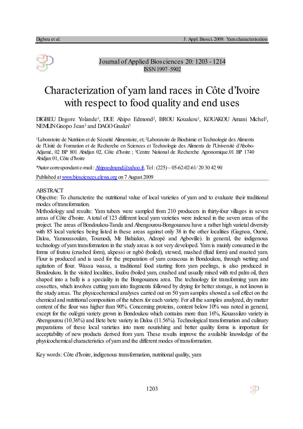 Characterization of Yam Land Races in Côte D'ivoire with Respect to Food