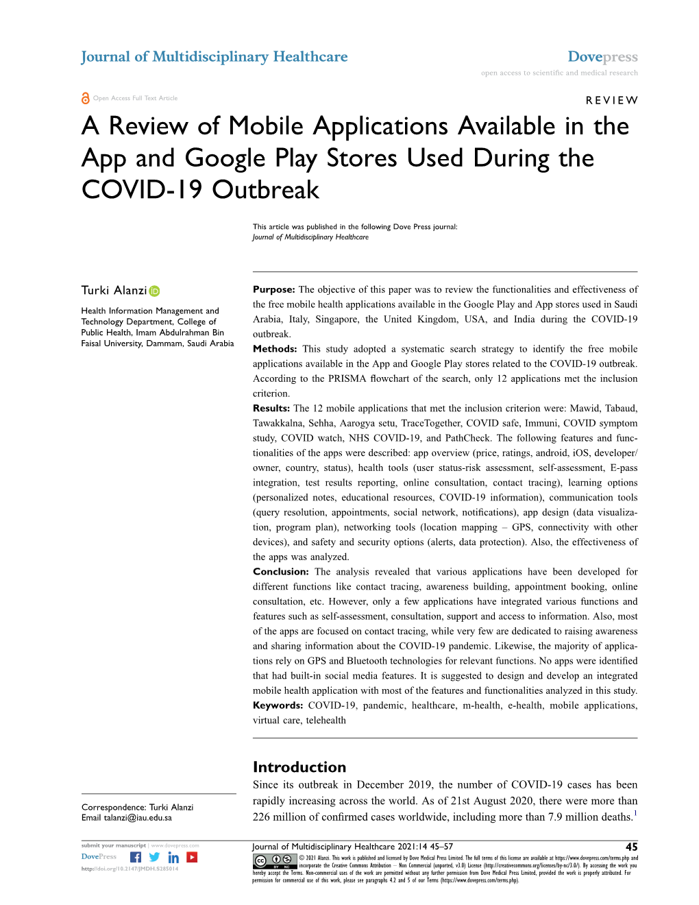A Review of Mobile Applications Available in the App and Google Play Stores Used During the COVID-19 Outbreak