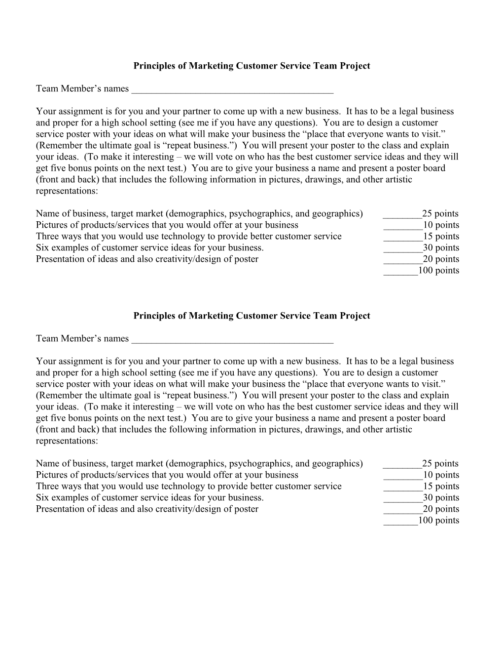 Principles of Marketing Customer Service Team Project