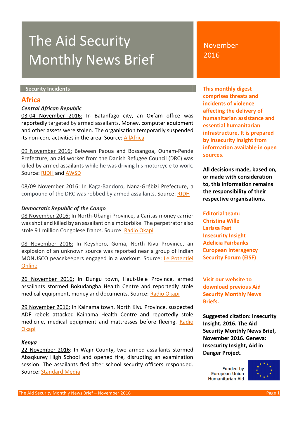 The Aid Security Monthly News Brief – November 2016 Page 1