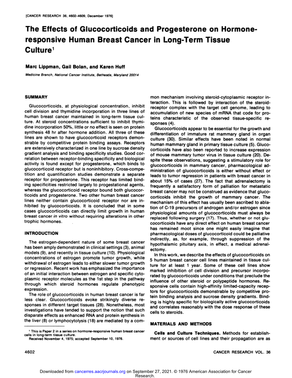 The Effects of Glucocorticoids and Progesterone on Hormone Responsive Human Breast Cancer in Long-Term Tissue Culture1