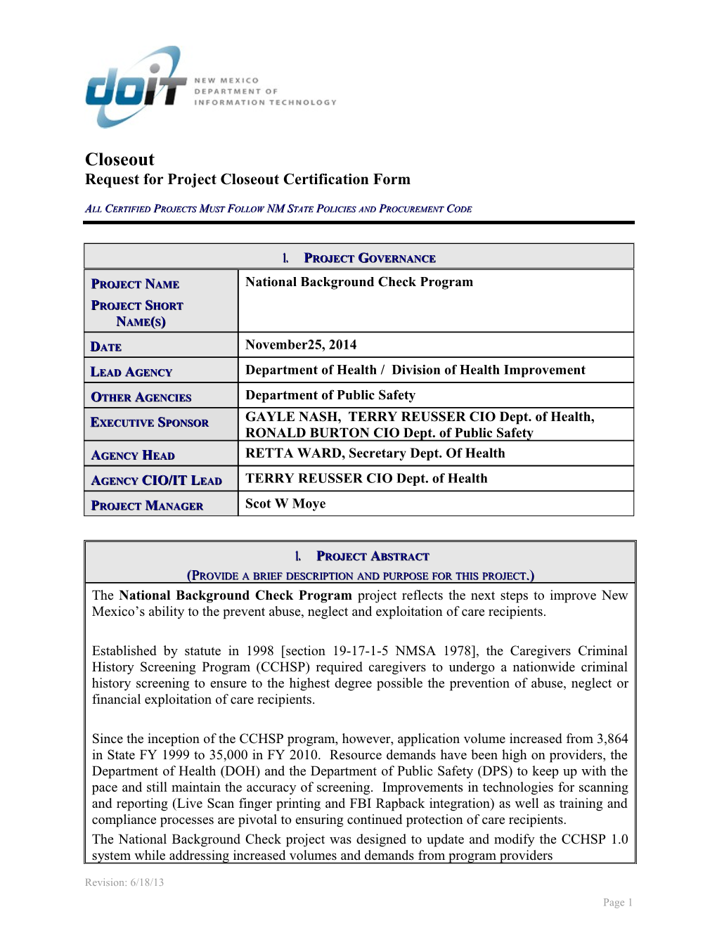 Request for Project Closeout Certification Form s1