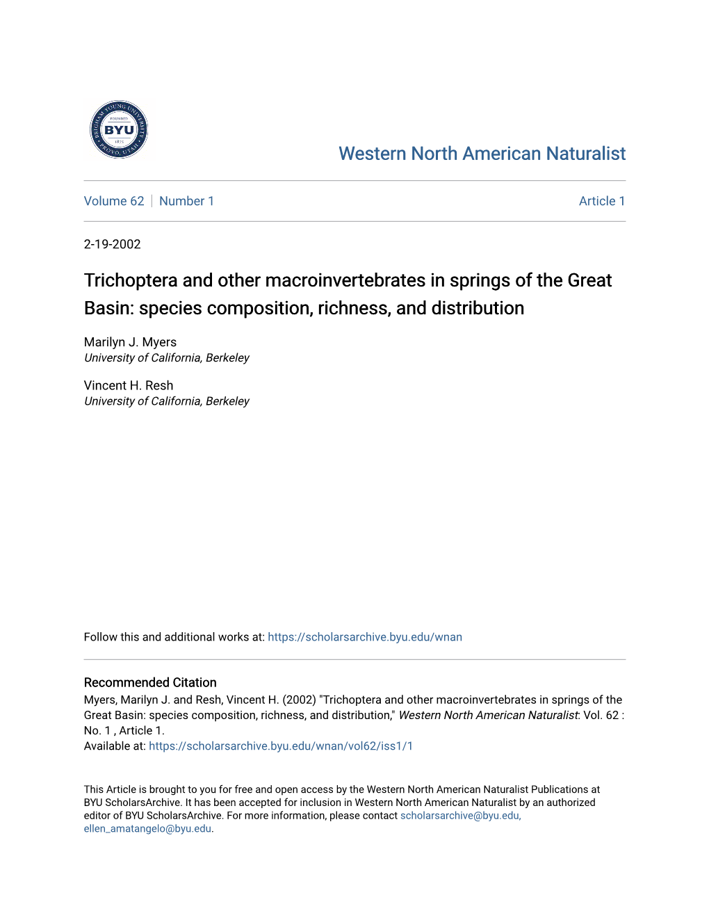 Trichoptera and Other Macroinvertebrates in Springs of the Great Basin: Species Composition, Richness, and Distribution