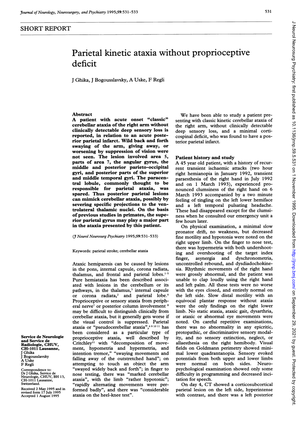 Parietal Kinetic Ataxia Without Proprioceptive Deficit