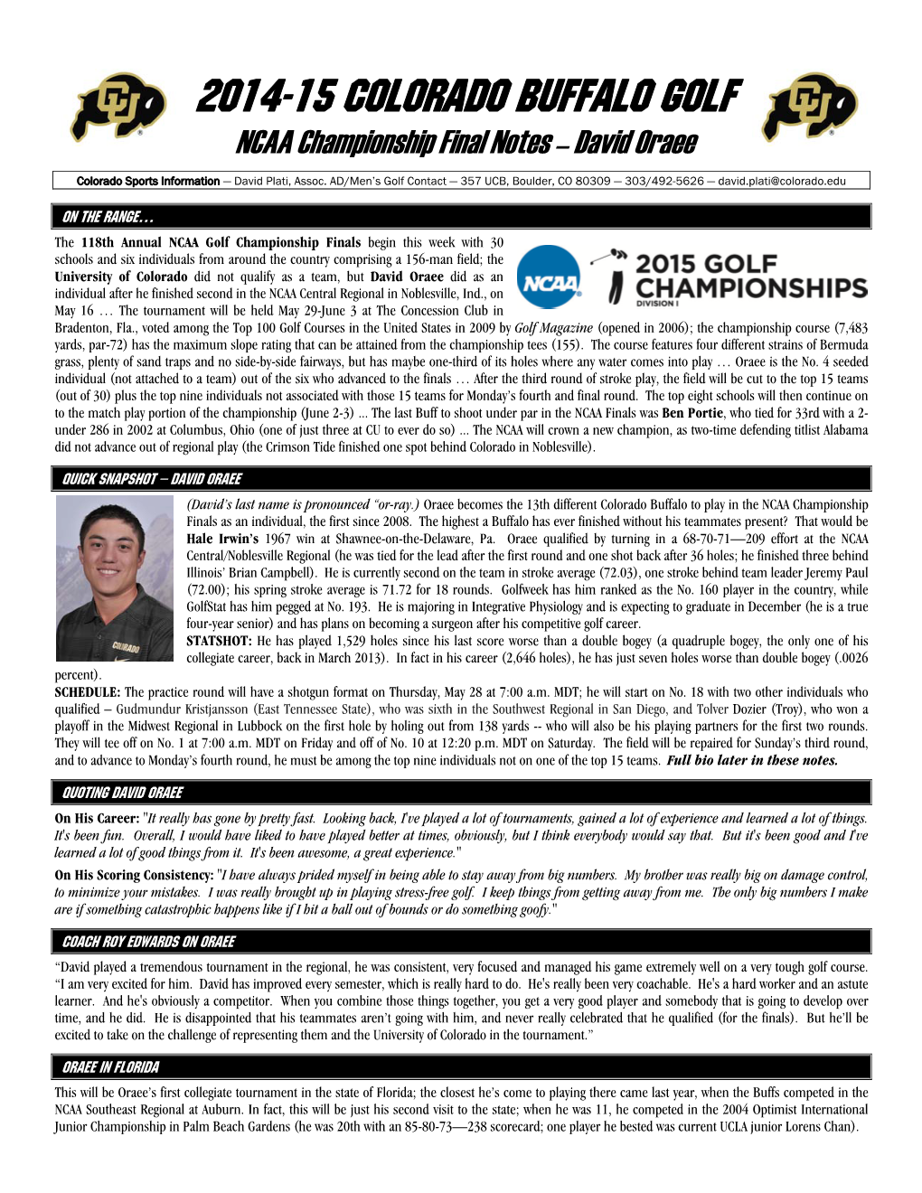 2014-15 COLORADO BUFFALO GOLF NCAA Championship Final Notes – David Oraee