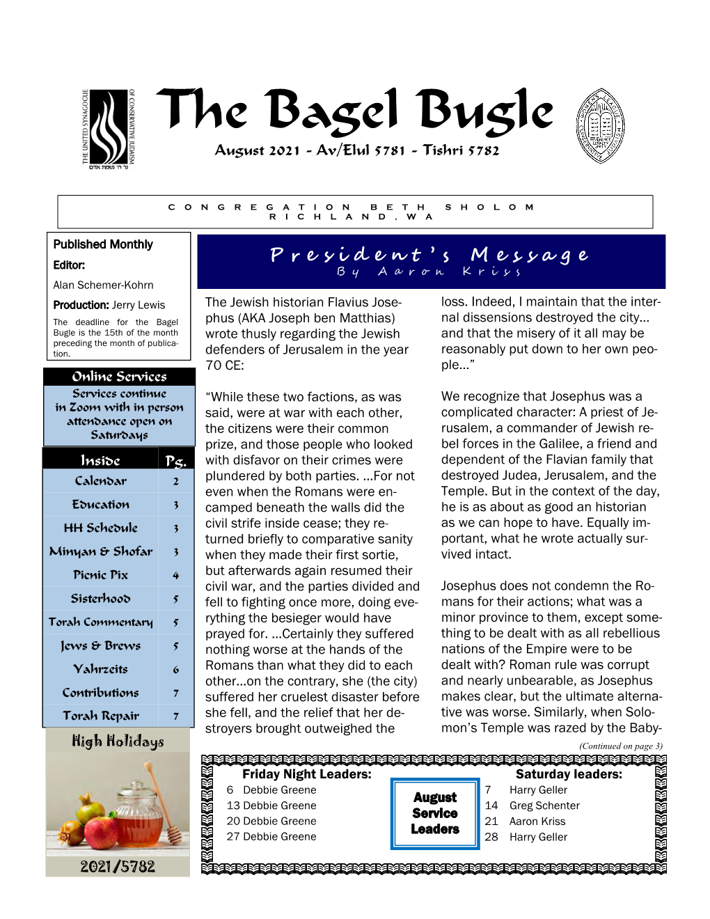 The Bagel Bugle August 2021 - Av/Elul 5781 - Tishri 5782