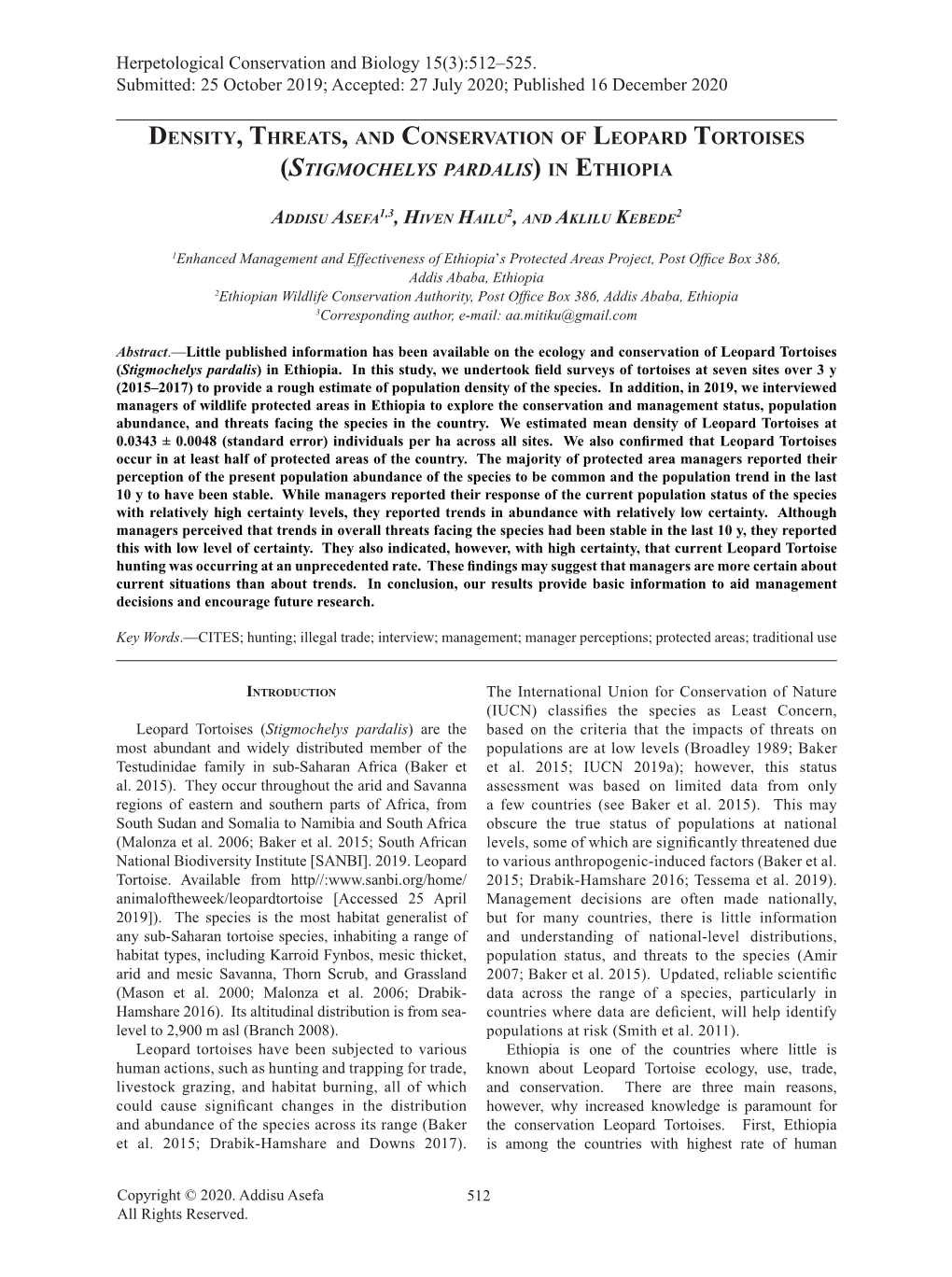 Density, Threats, and Conservation of Leopard Tortoises (Stigmochelys Pardalis) in Ethiopia