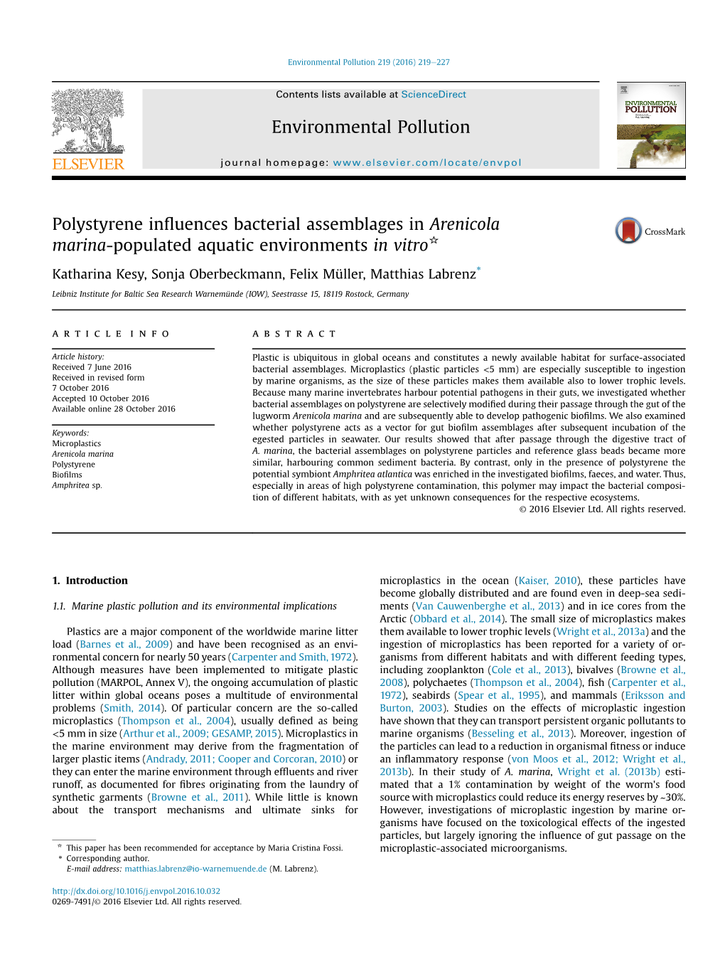 Polystyrene Influences Bacterial Assemblages in Arenicola Marina