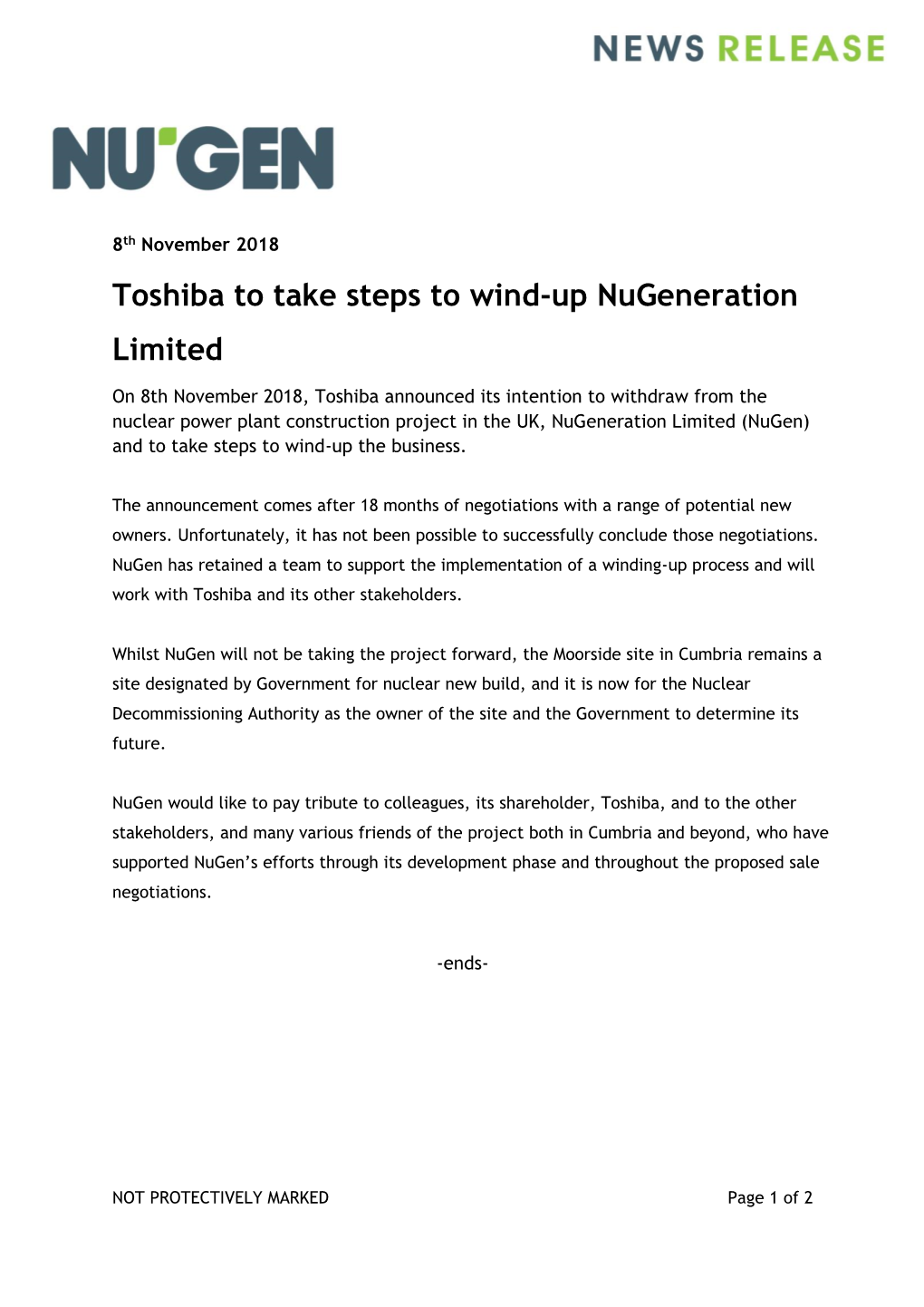 Toshiba to Take Steps to Wind-Up Nugeneration Limited