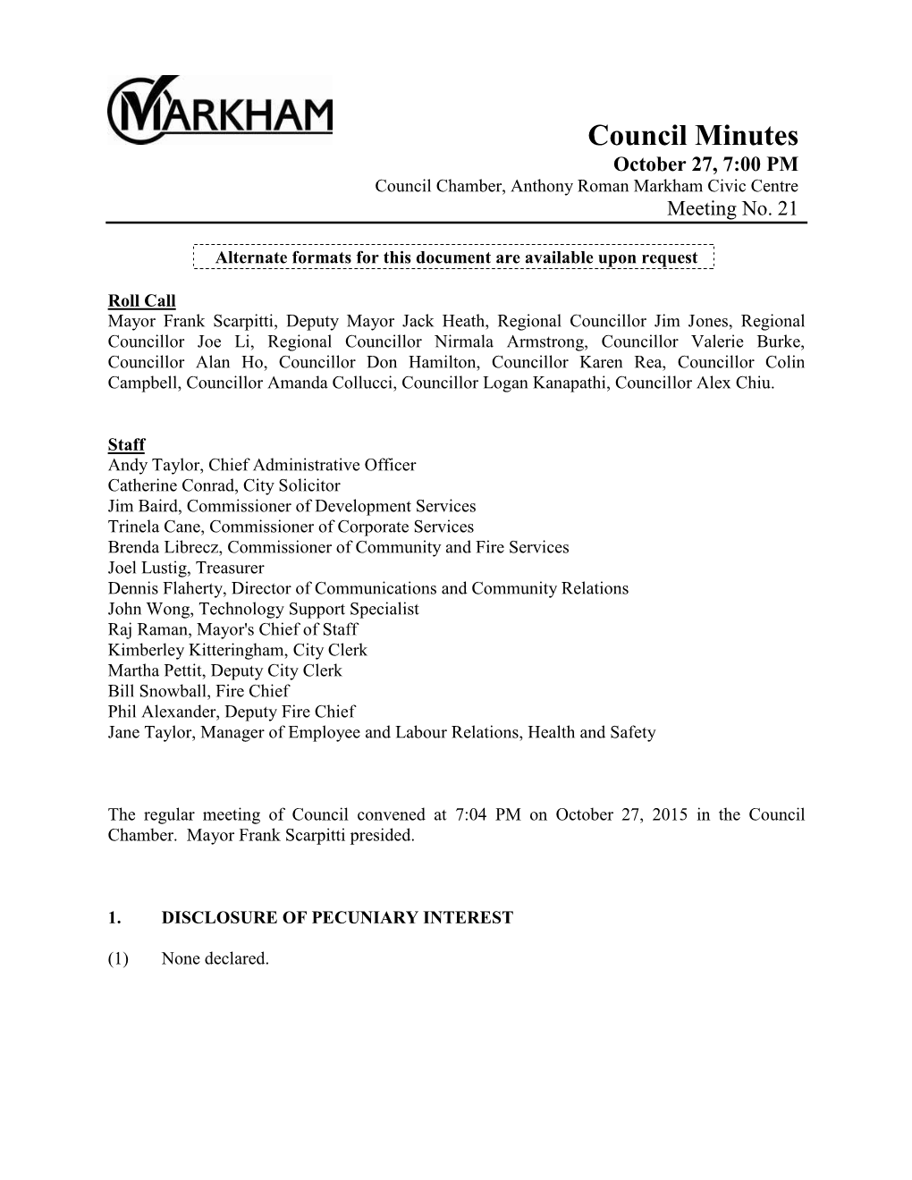 Council Minutes October 27, 7:00 PM Council Chamber, Anthony Roman Markham Civic Centre Meeting No