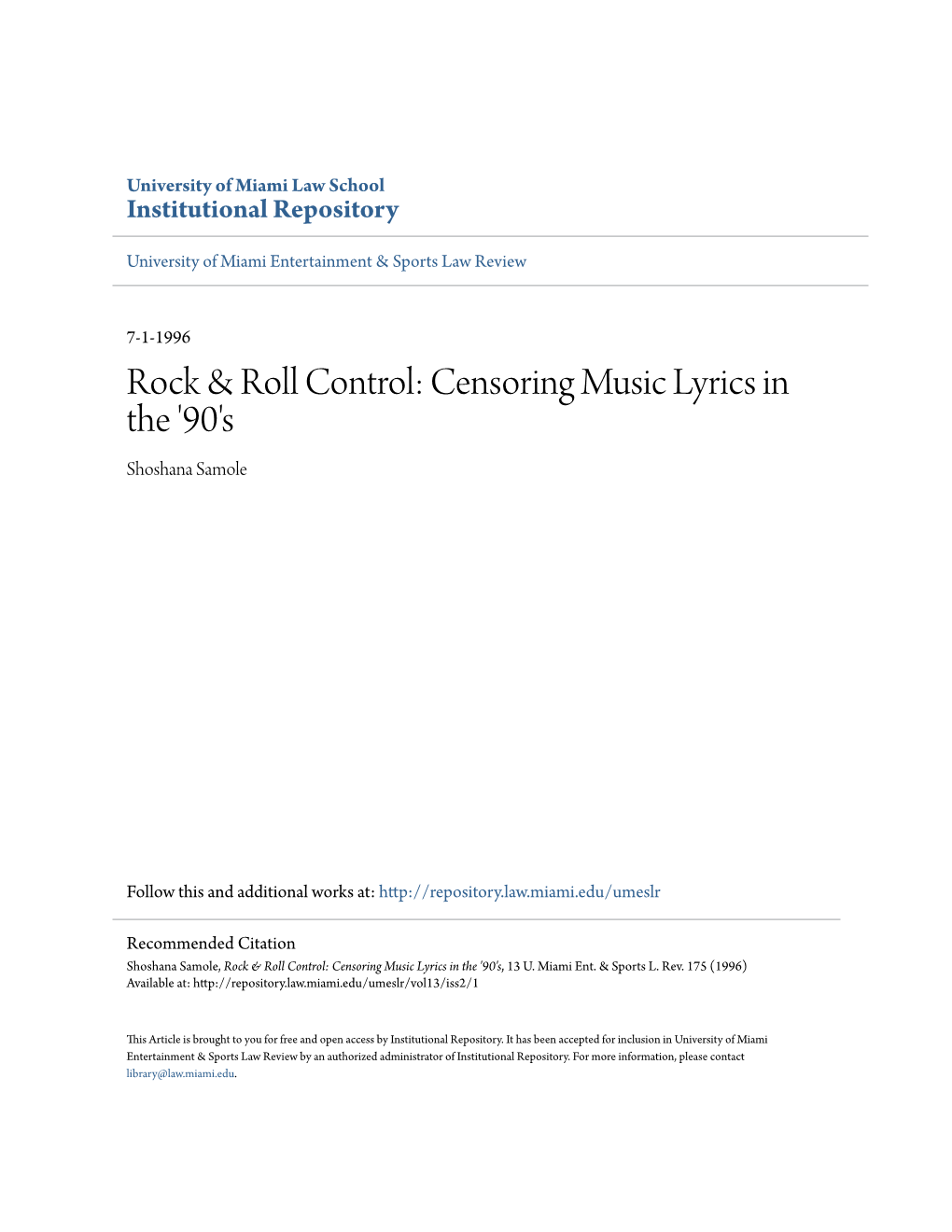 Rock & Roll Control: Censoring Music Lyrics in the '90'S