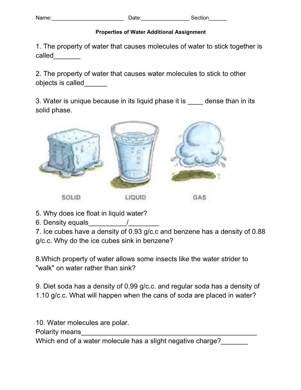 Properties of Water Additional Assignment