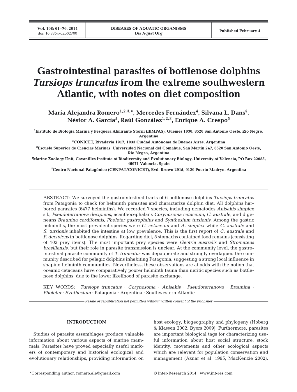 Gastrointestinal Parasites of Bottlenose Dolphins Tursiops Truncatus from the Extreme Southwestern Atlantic, with Notes on Diet Composition