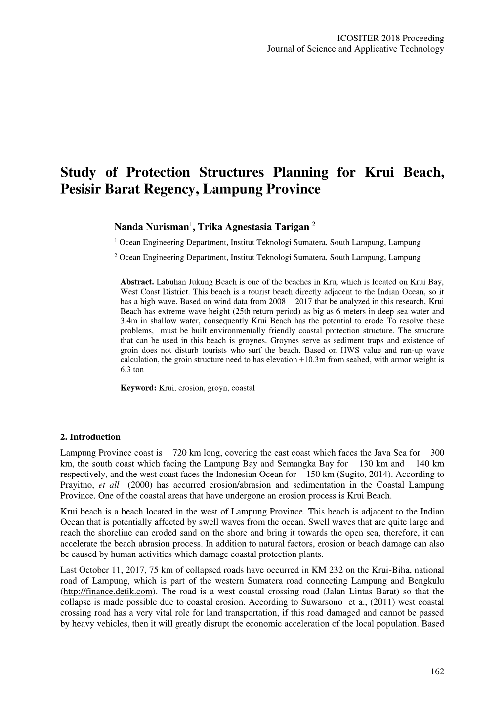 Study of Protection Structures Planning for Krui Beach, Pesisir Barat Regency, Lampung Province