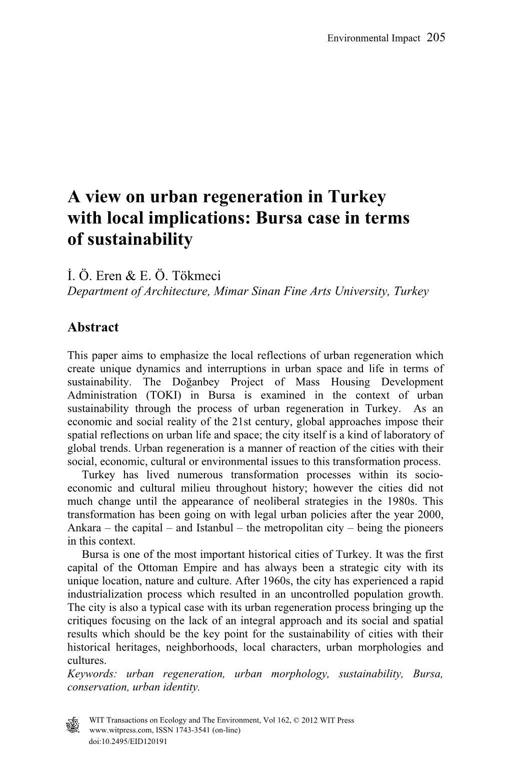 A View on Urban Regeneration in Turkey with Local Implications: Bursa Case in Terms of Sustainability