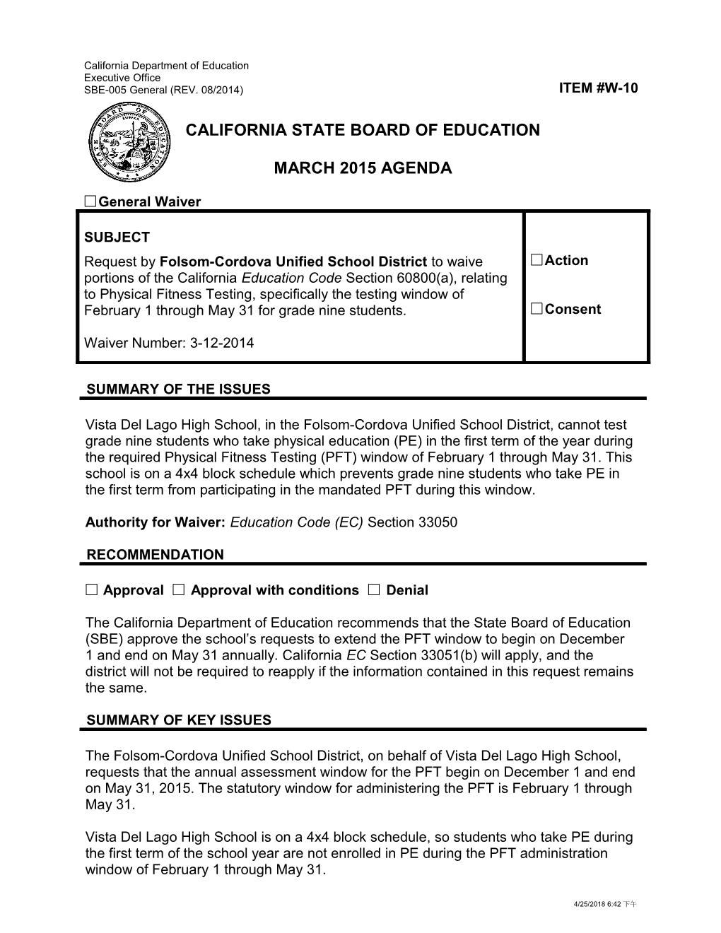 March 2015 Waiver Item W-10 - Meeting Agendas (CA State Board of Education)