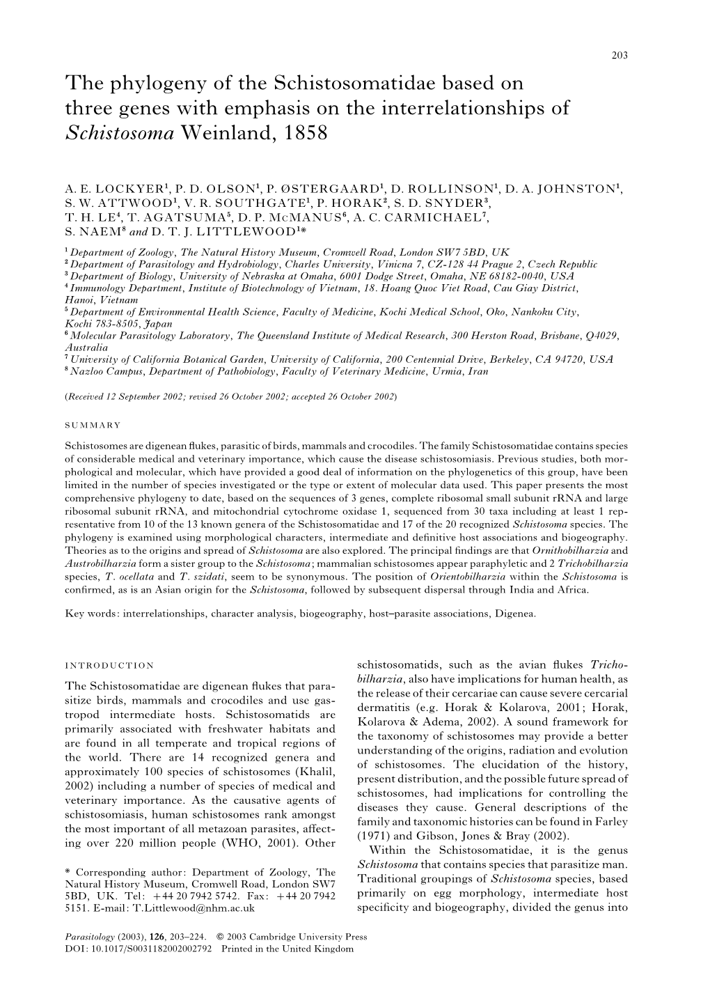 The Phylogeny of the Schistosomatidae Based on Three Genes with Emphasis on the Interrelationships of Schistosoma Weinland, 1858