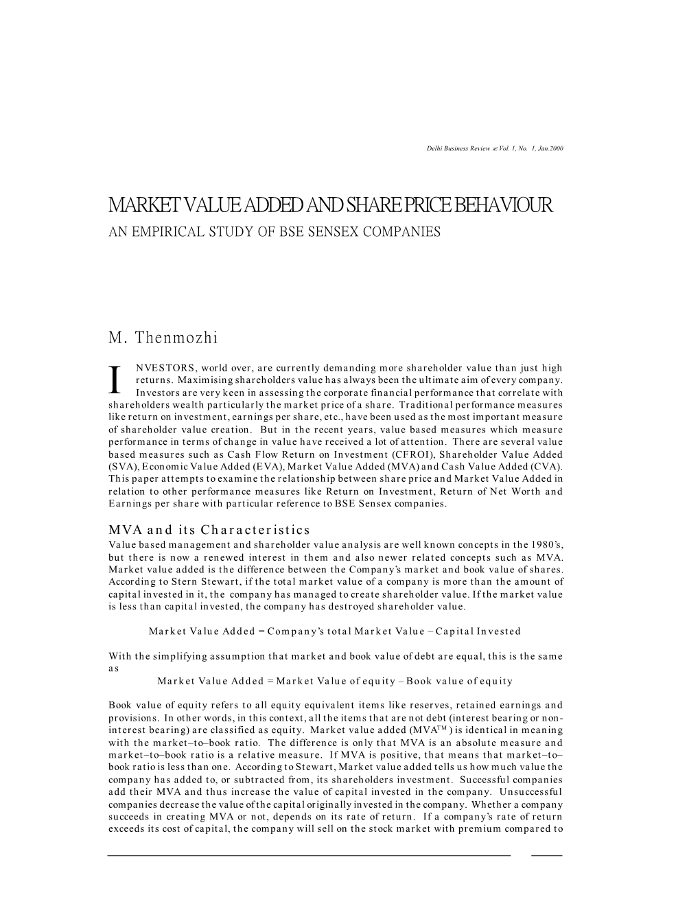 Market Value Added and Share Price Behaviour an Empirical Study of Bse Sensex Companies