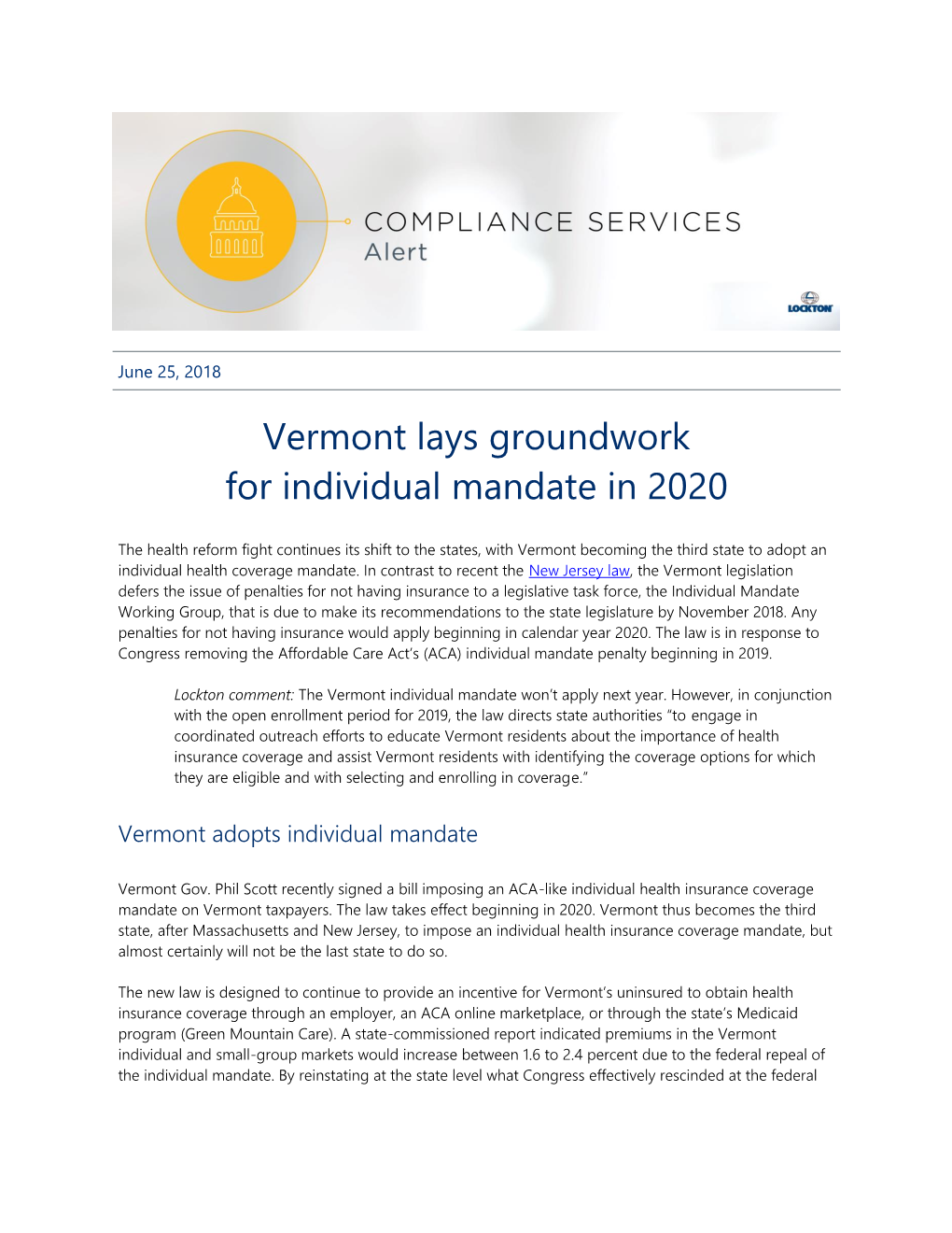 Vermont Lays Groundwork for Individual Mandate in 2020