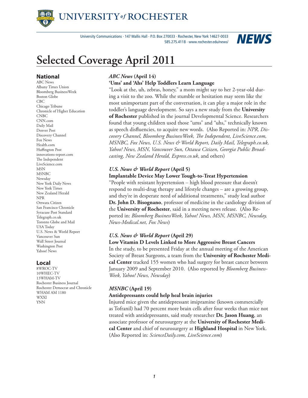 Selected Coverage April 2011
