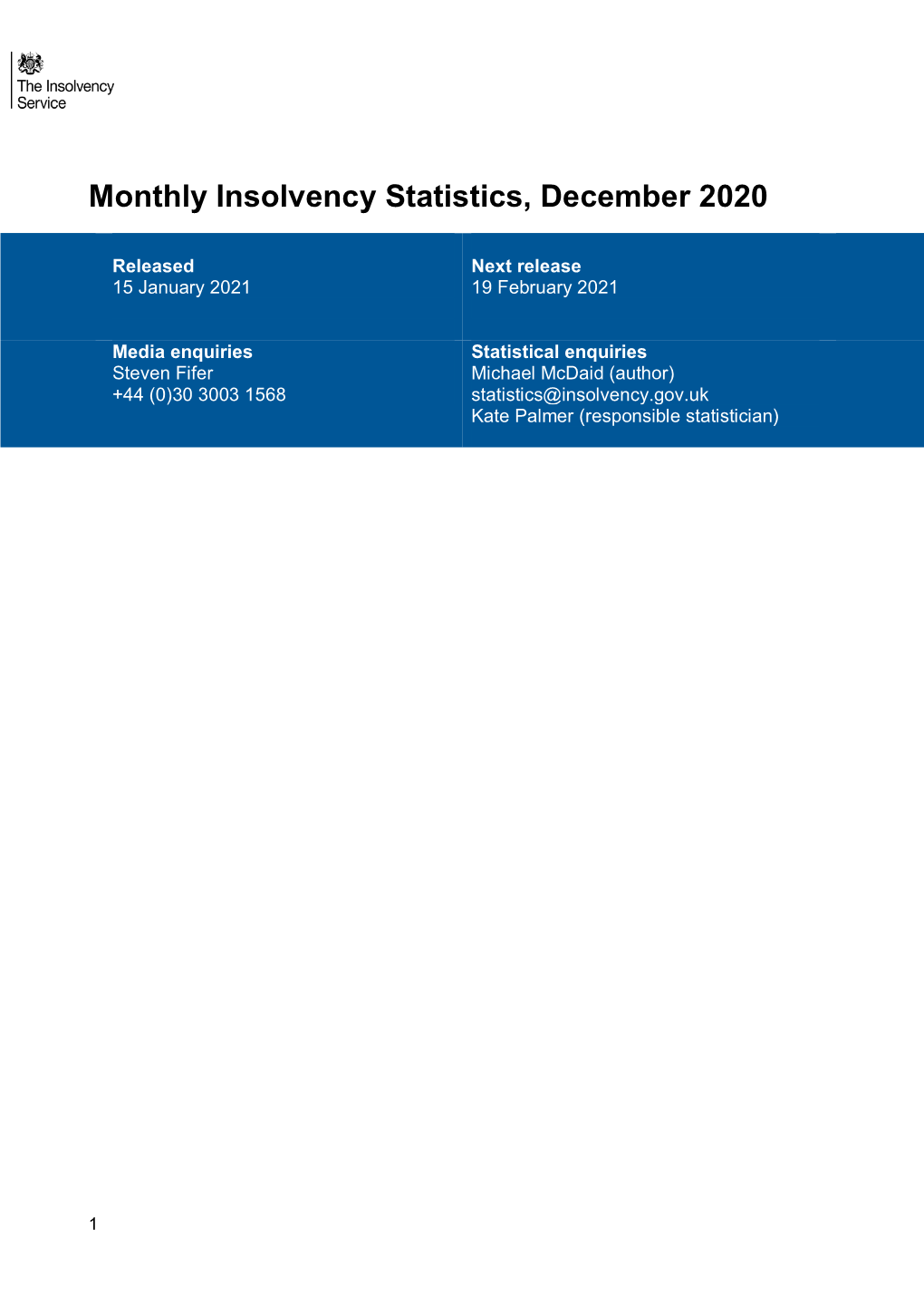 Monthly Insolvency Statistics, December 2020