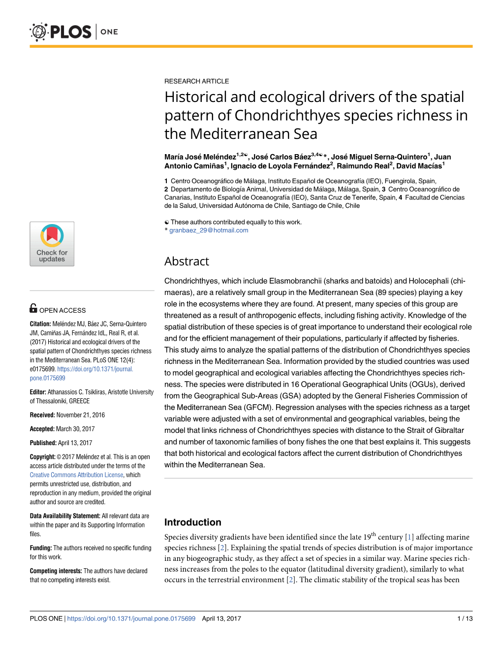 Historical and Ecological Drivers of the Spatial Pattern of Chondrichthyes Species Richness in the Mediterranean Sea