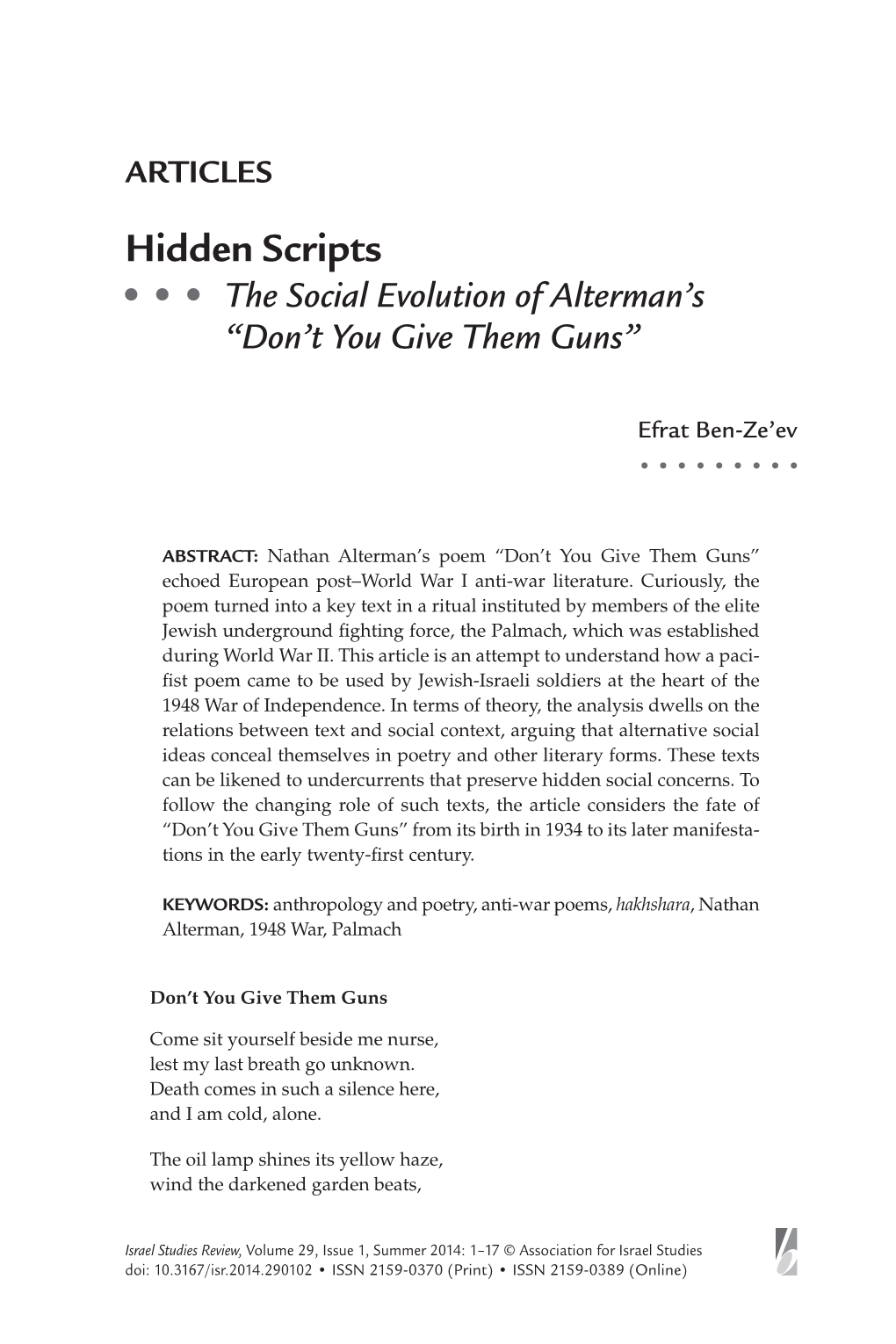 Hidden Scripts the Social Evolution of Alterman’S “Don’T You Give Them Guns”