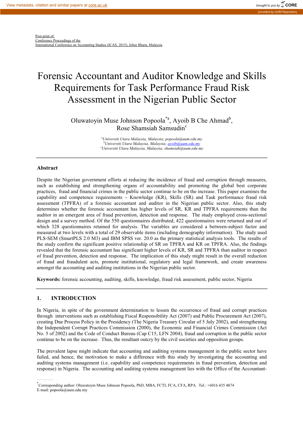 Forensic Accountant and Auditor Knowledge and Skills Requirements for Task Performance Fraud Risk Assessment in the Nigerian Public Sector