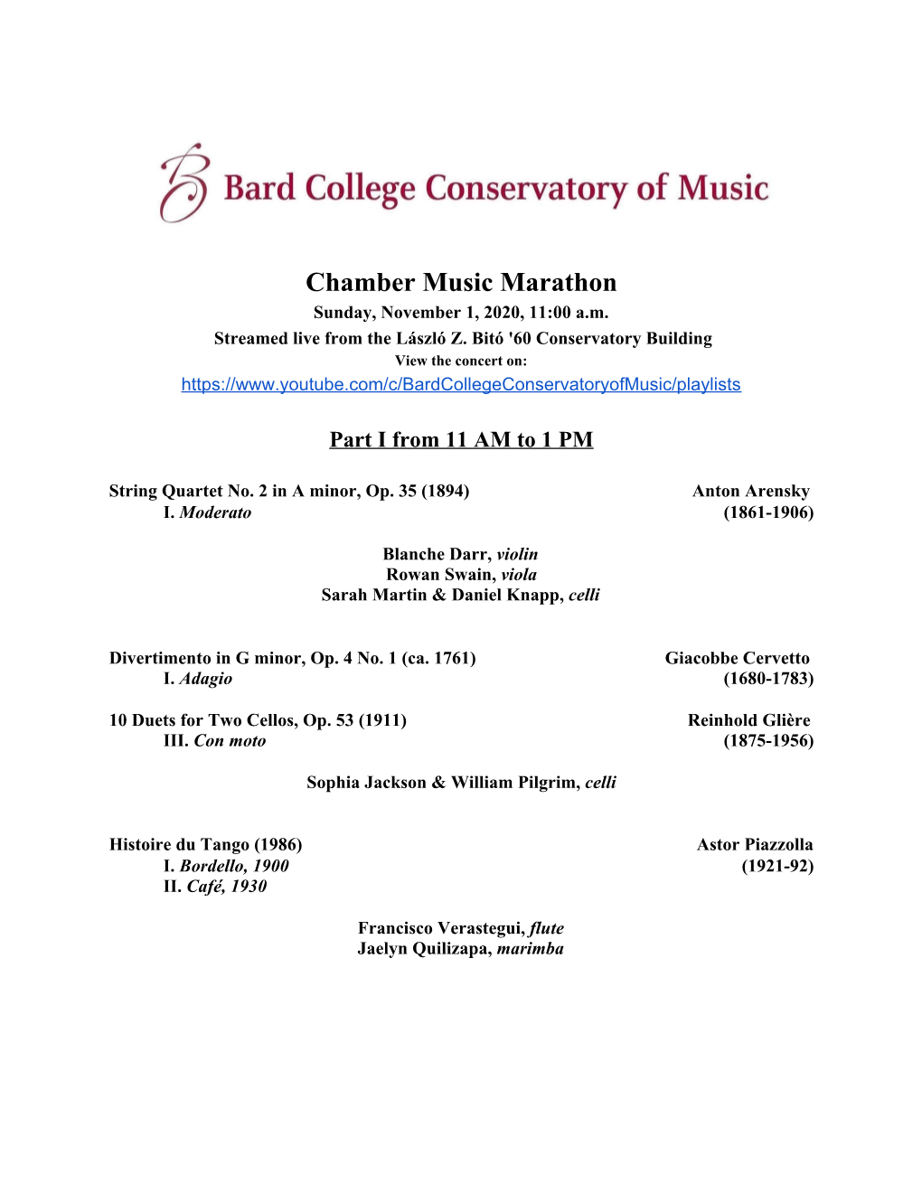 Chamber Music Marathon Sunday, November 1, 2020, 11:00 A.M