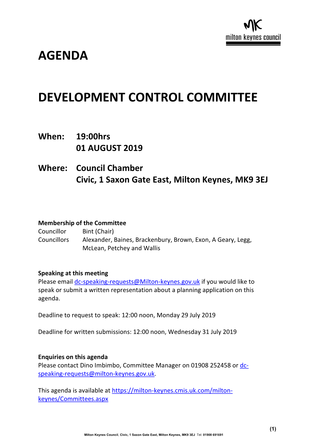 Agenda Development Control Committee