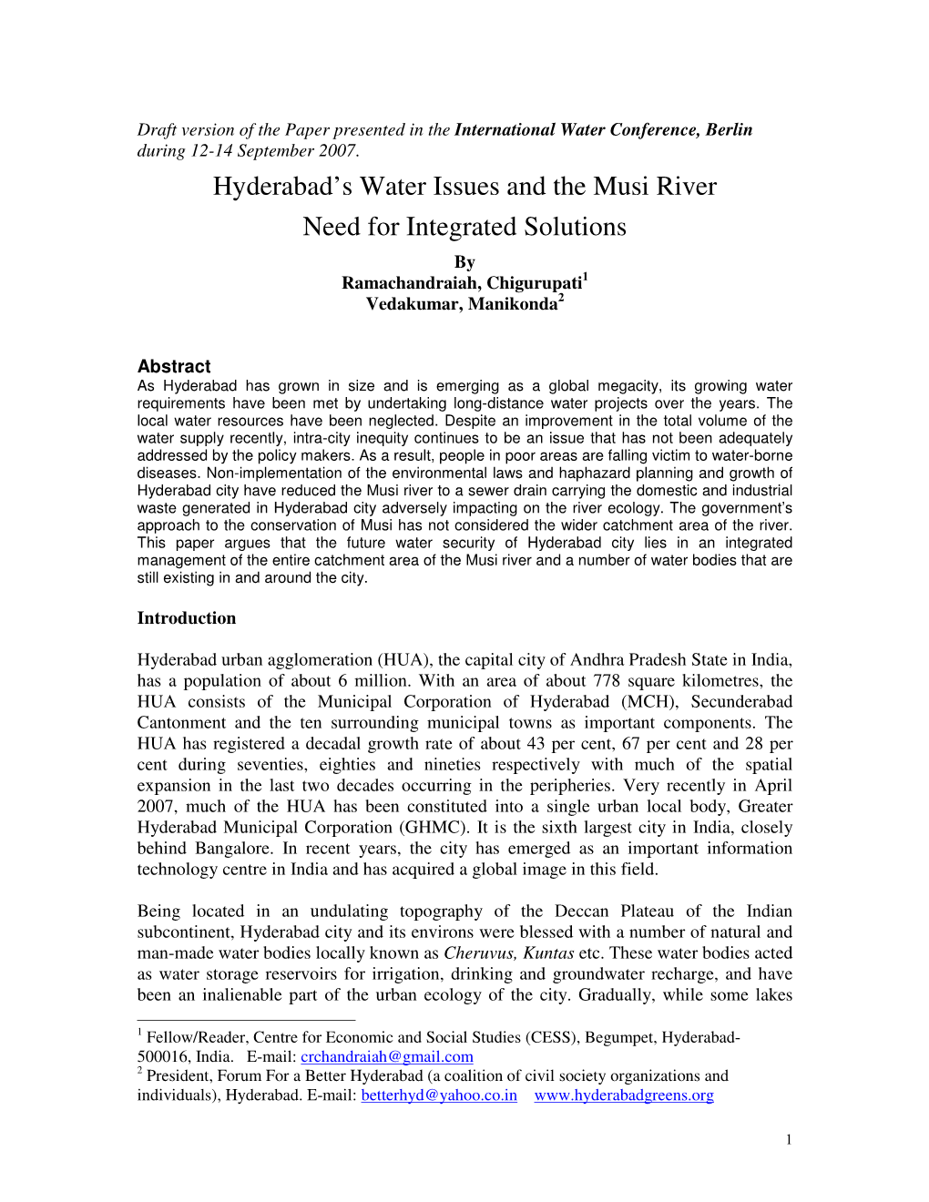 Hyderabad's Water Issues and the Musi River Need