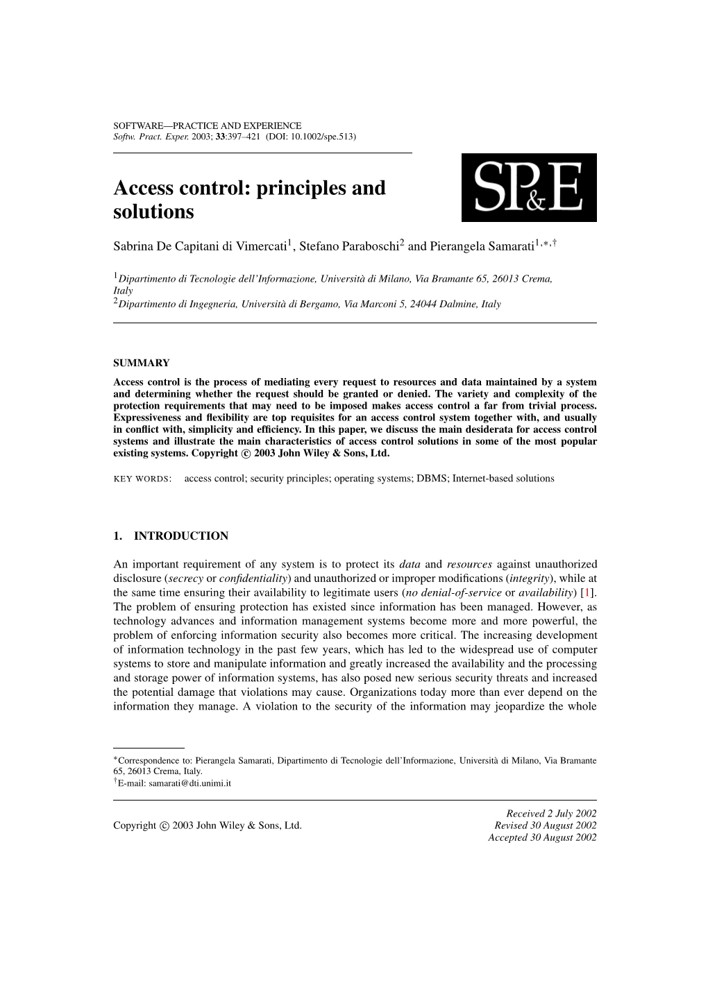 Access Control: Principles and Solutions