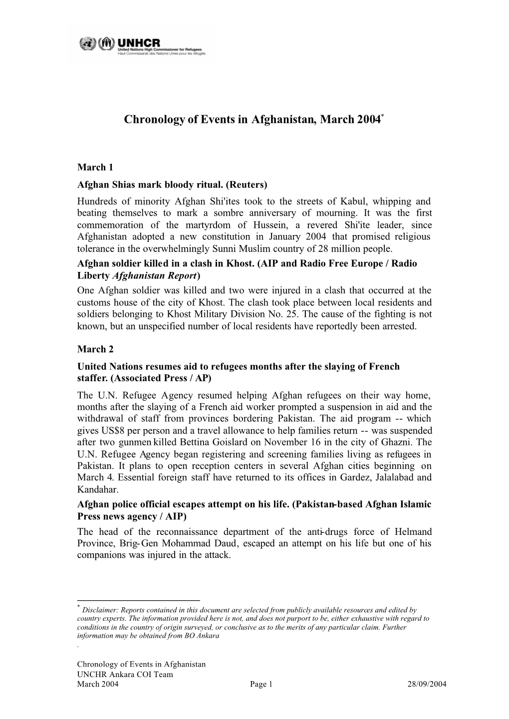 Chronology of Events in Afghanistan, March 2004*