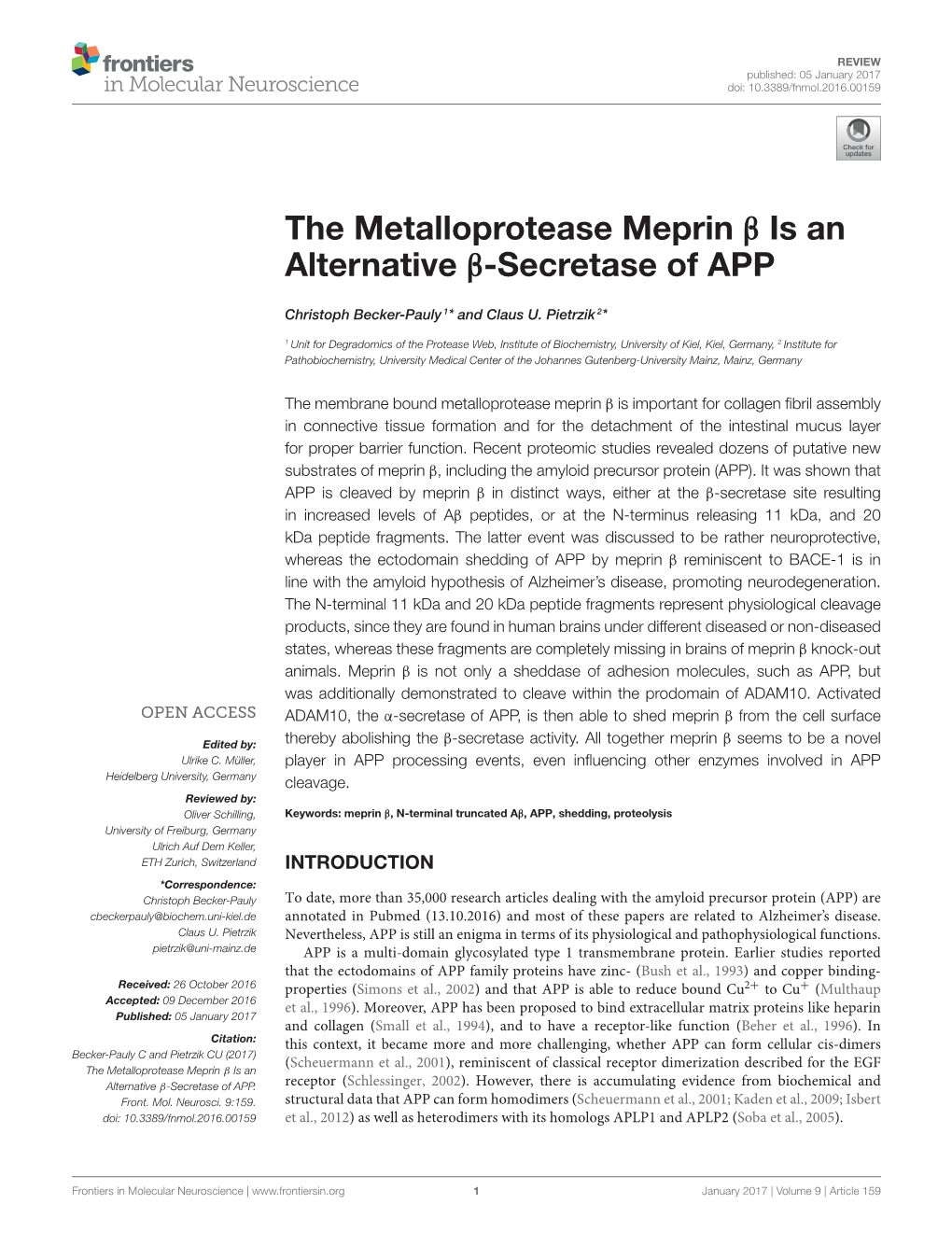 The Metalloprotease Meprin Β Is an Alternative Β-Secretase of APP