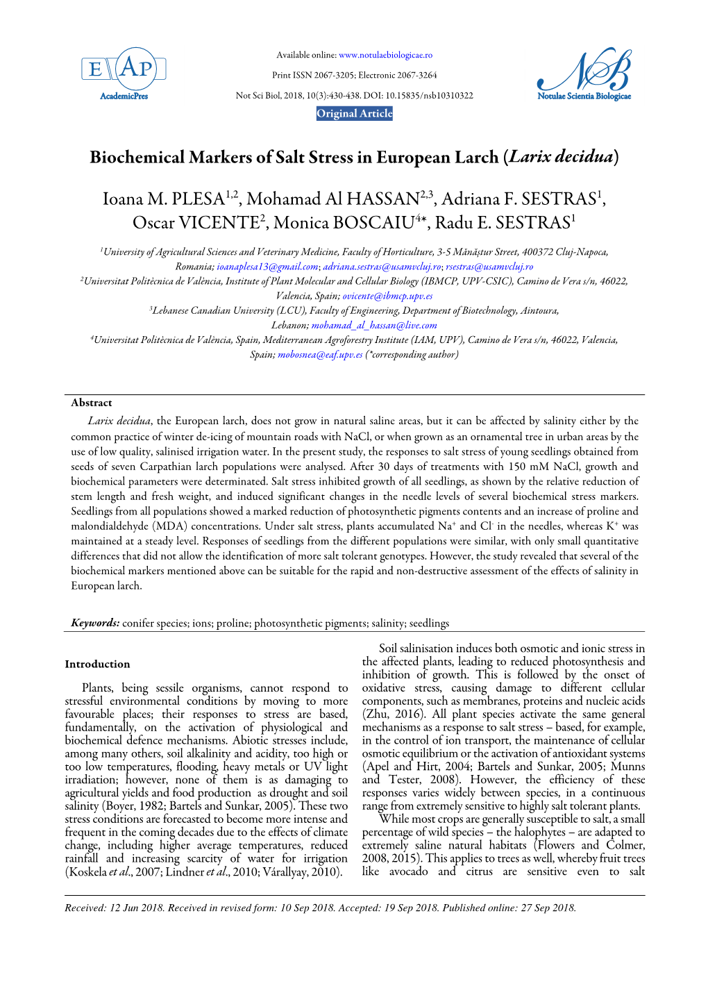 Biochemical Markers of Salt Stress in European Larch (Larix