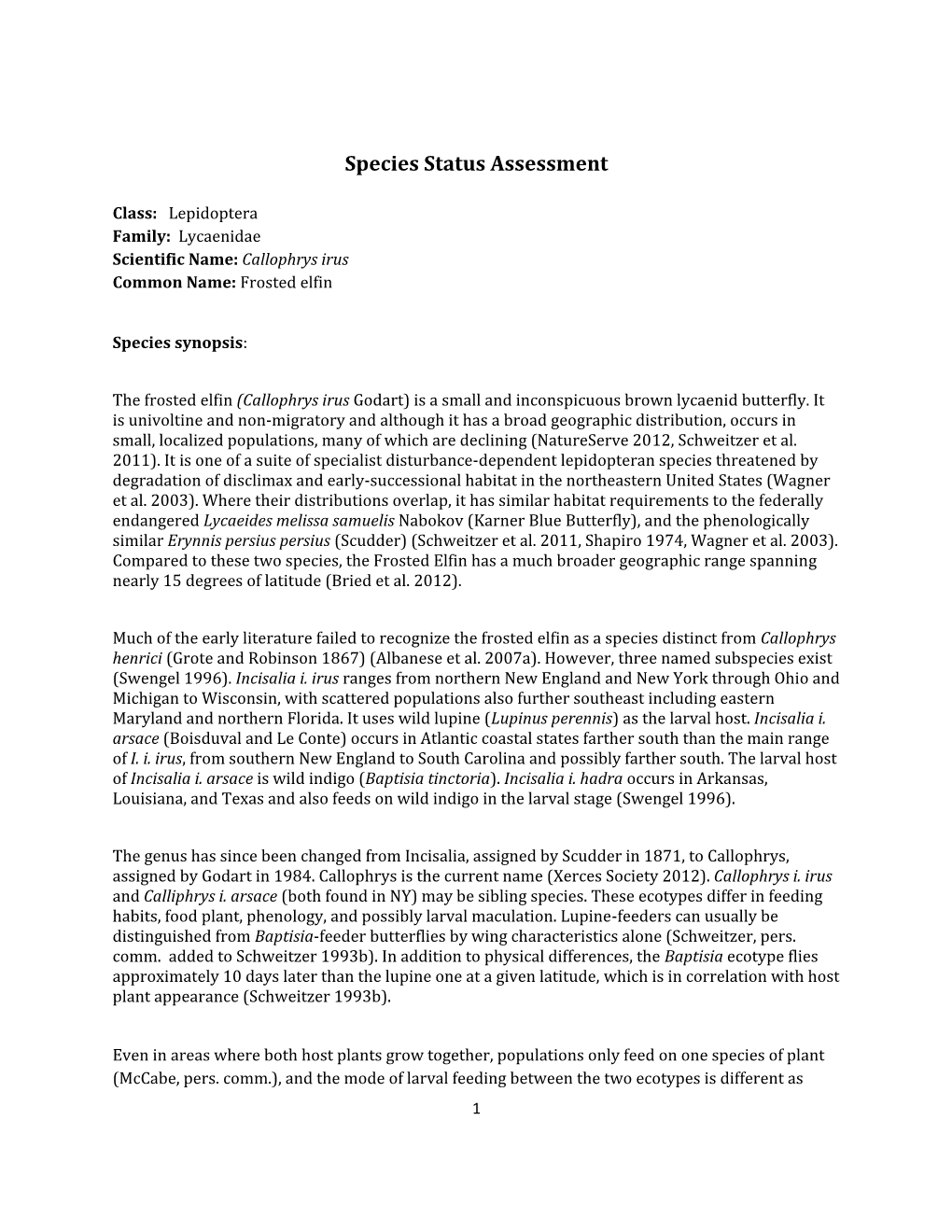 Species Assessment for Frosted Elfin