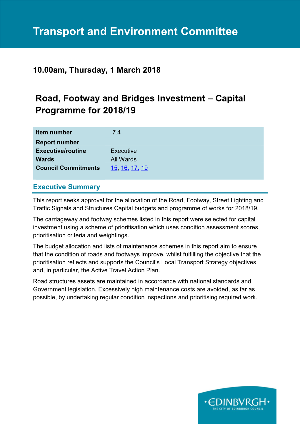 Road Footway and Bridges Investment Capital Programme