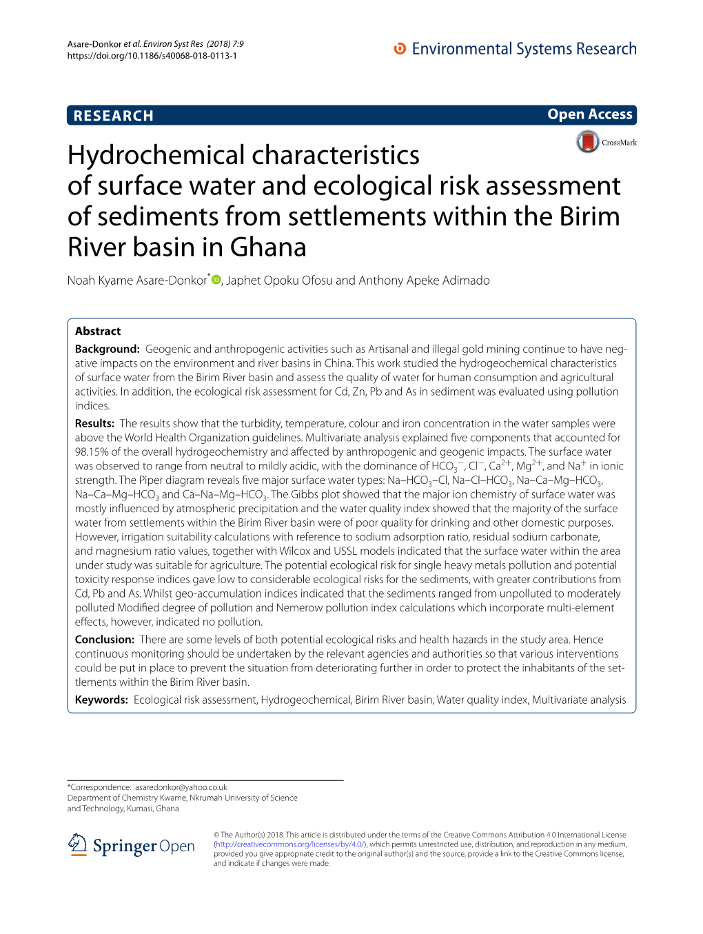 Hydrochemical Characteristics of Surface Water and Ecological Risk