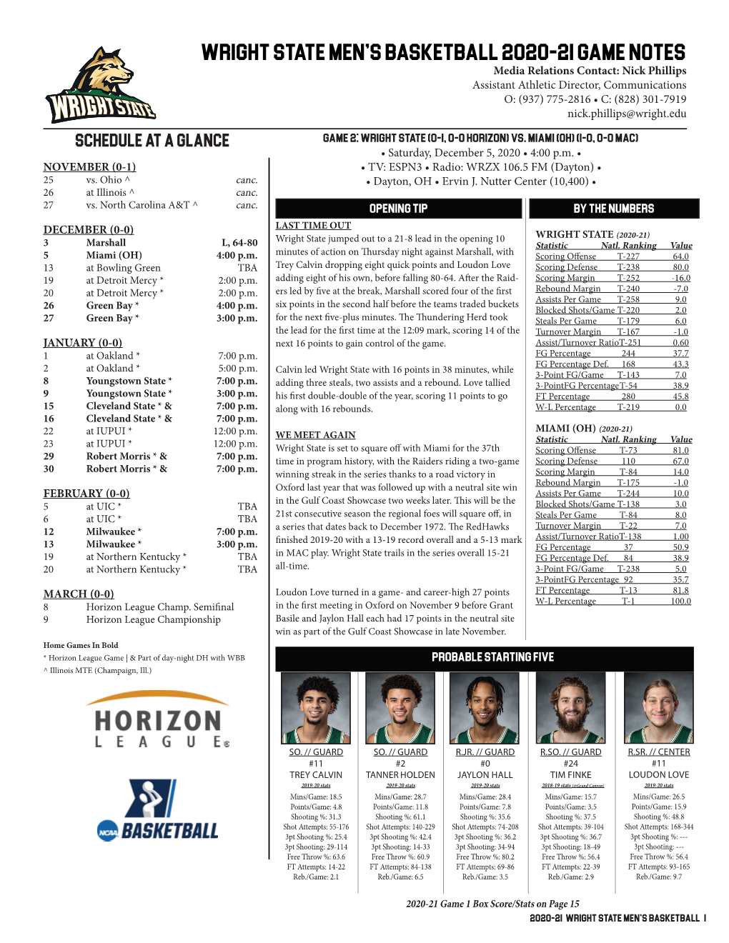 Wright State Men's Basketball 2020-21 Game Notes