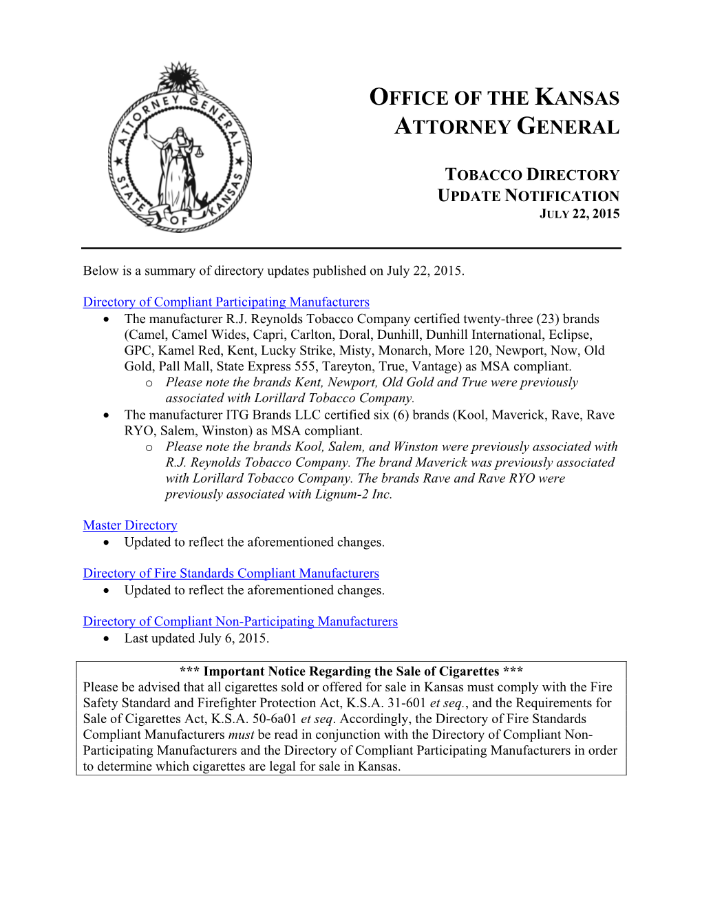 Office of the Kansas Attorney General Tobacco Directory Update Notification