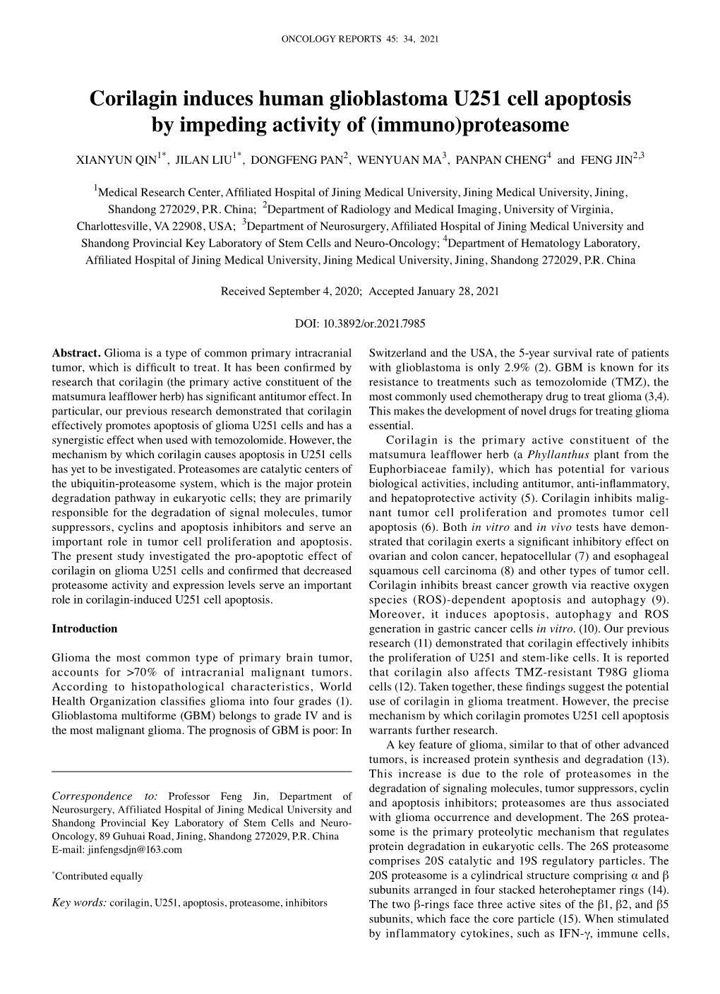 Corilagin Induces Human Glioblastoma U251 Cell Apoptosis by Impeding Activity of (Immuno)Proteasome