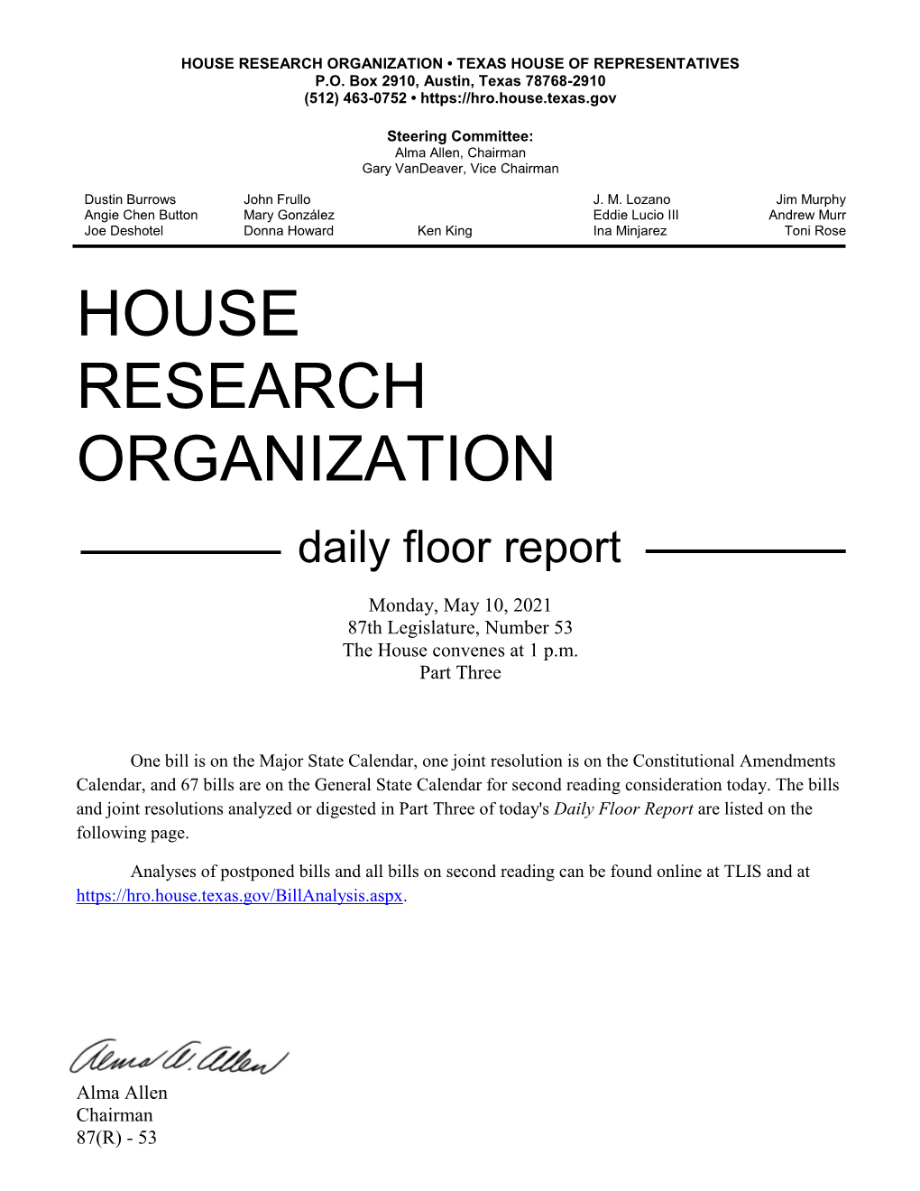 House Research Organization • Texas House of Representatives P.O