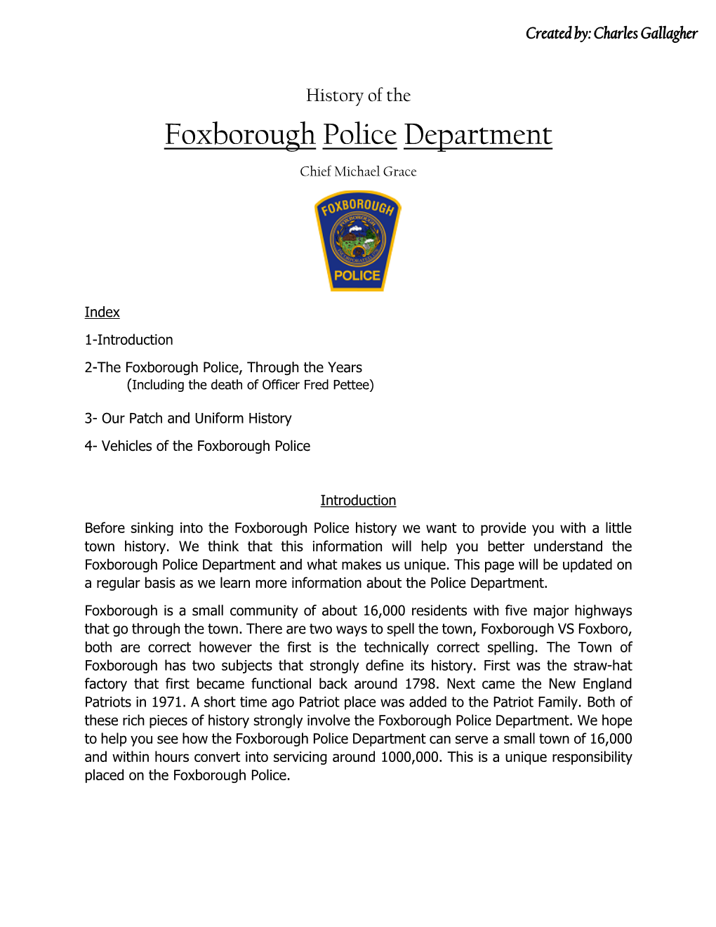 History of the Foxborough Police Department Chief Michael Grace