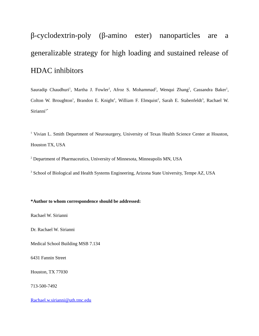 Β-Cyclodextrin-Poly (Β-Amino Ester) Nanoparticles Are a Generalizable Strategy for High Loading and Sustained Release Of