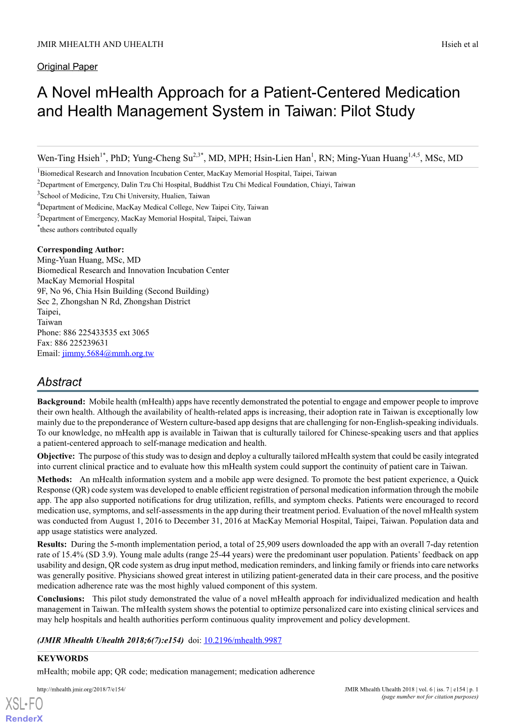 A Novel Mhealth Approach for a Patient-Centered Medication and Health Management System in Taiwan: Pilot Study