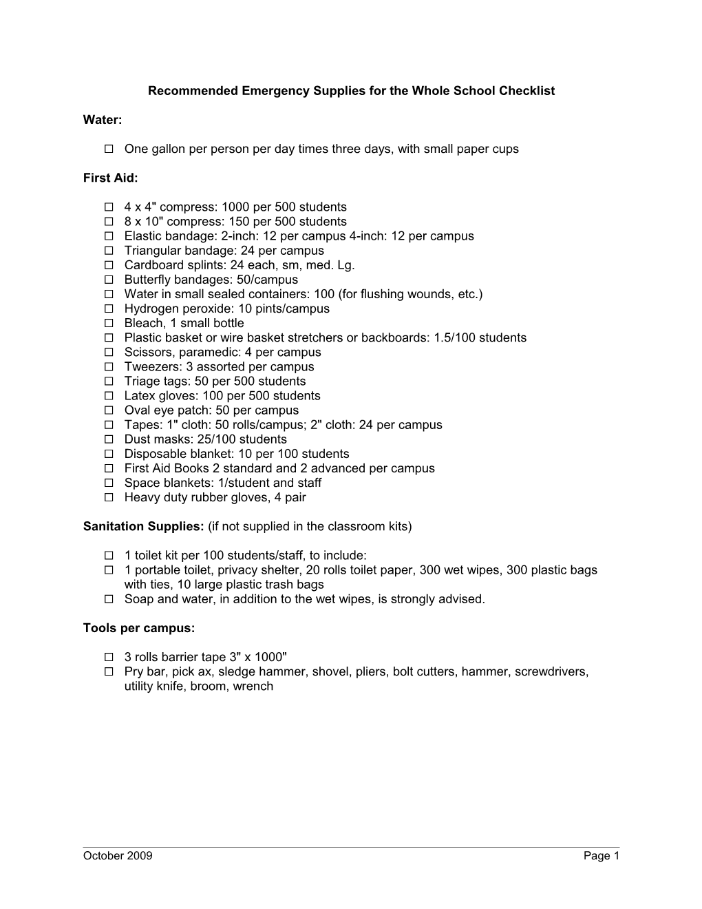 Recommended Emergency Supplies for the Whole School Checklist