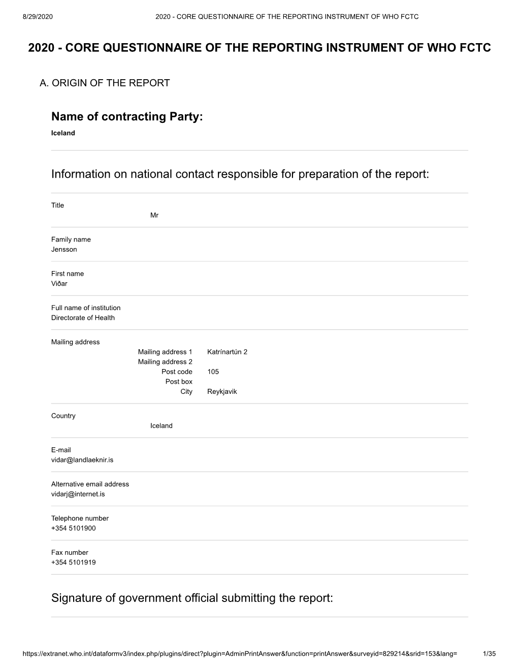 2020 2020 - Core Questionnaire of the Reporting Instrument of Who Fctc