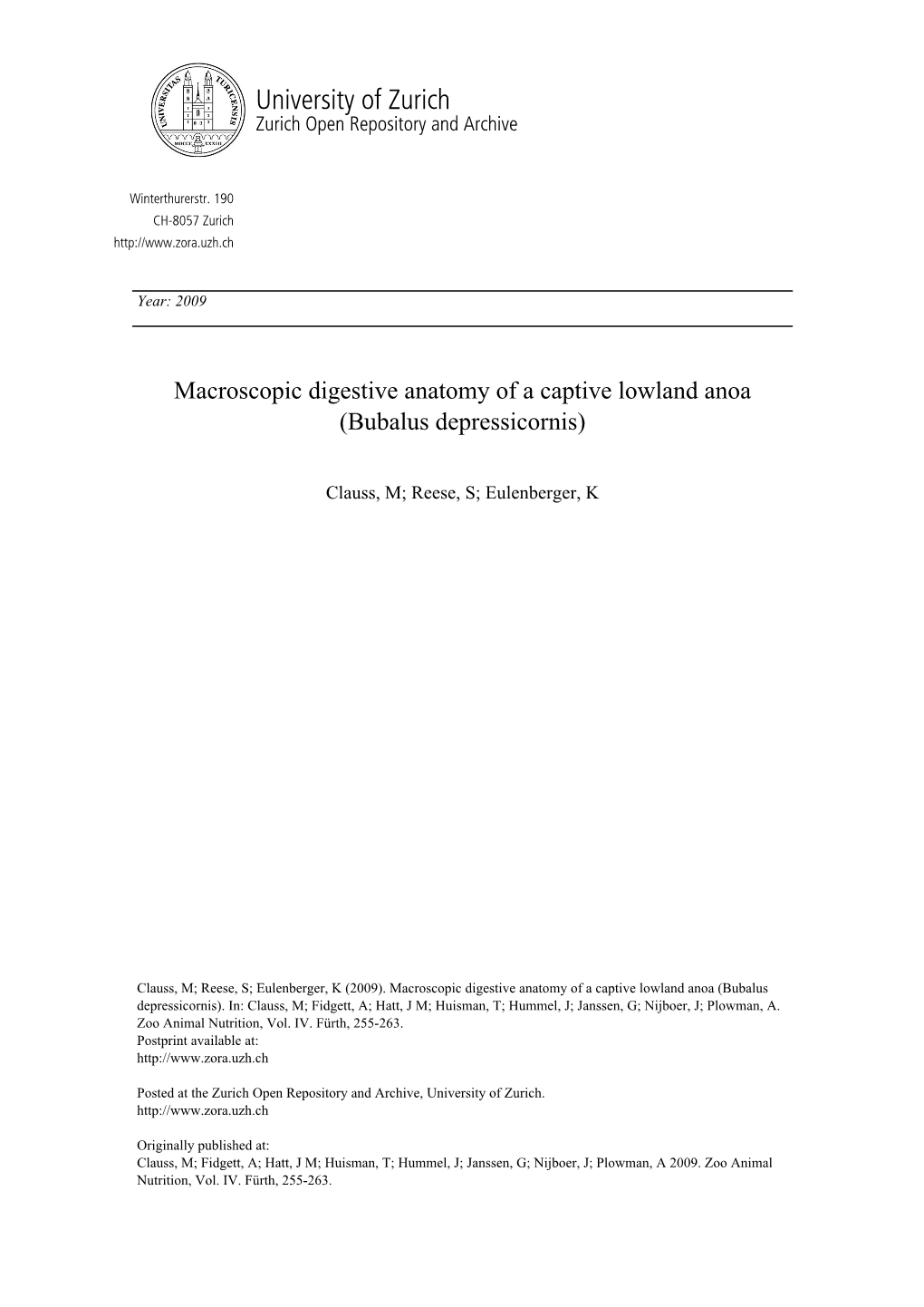 'Macroscopic Digestive Anatomy of a Captive Lowland Anoa (Bubalus